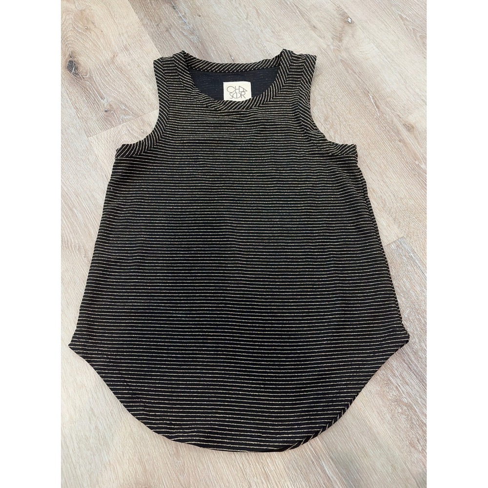 Chaser Womens Black Gold Metallic Striped Sleeveless Tank Top Curved Hem XS